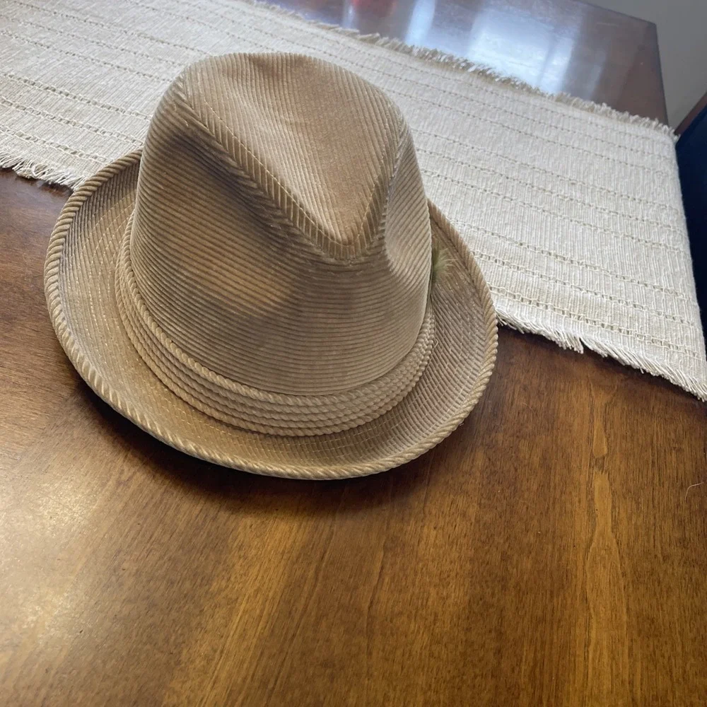 VTG Corduroy Tan Feathered Fedora Men's Hat Made In USA Size L Amalgamated Union